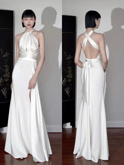 Vestido vintage color marfil con cuello halter, diseño sencillo, corte A, de satén, largo, para noche y graduación, TP1670