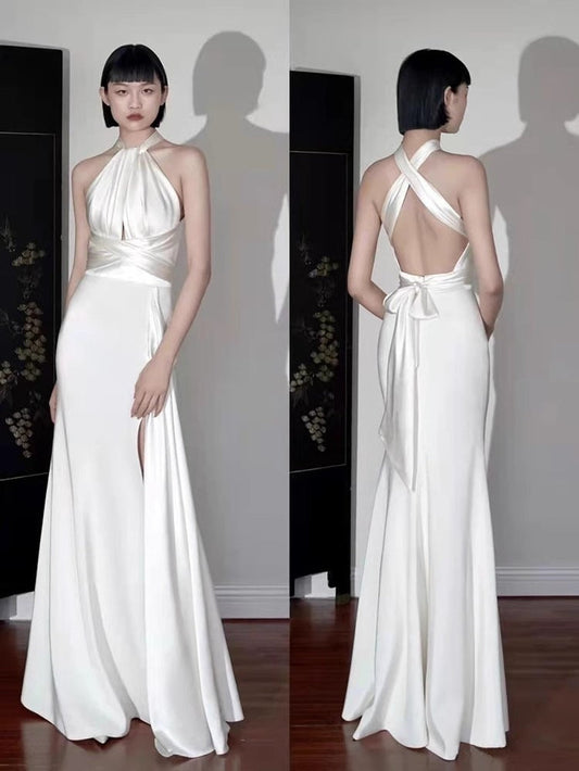 Vestido vintage color marfil con cuello halter, diseño sencillo, corte A, de satén, largo, para noche y graduación, TP1670