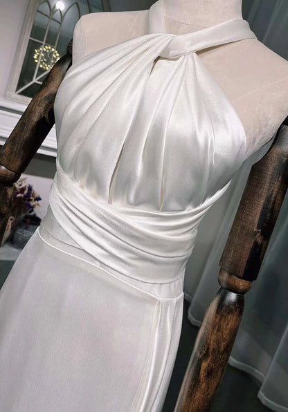 Vestido vintage color marfil con cuello halter, diseño sencillo, corte A, de satén, largo, para noche y graduación, TP1670