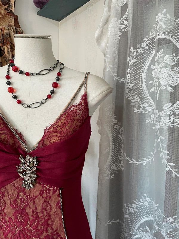 Sexy Red Mermaid V-Neck Spaghetti Strap Lace Split Long Prom Dresses TP1680