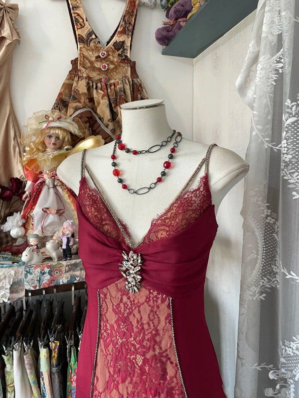 Sexy Red Mermaid V-Neck Spaghetti Strap Lace Split Long Prom Dresses TP1680