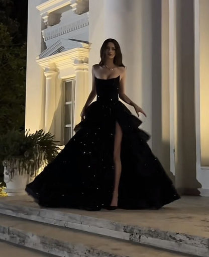 Gorgeous Shiny Sequin Black A-Line Strapless High-slit Floor-length Prom Dresses Evening Dress TP1683