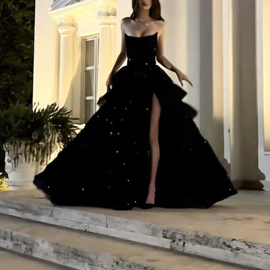 Gorgeous Shiny Sequin Black A-Line Strapless High-slit Floor-length Prom Dresses Evening Dress TP1683