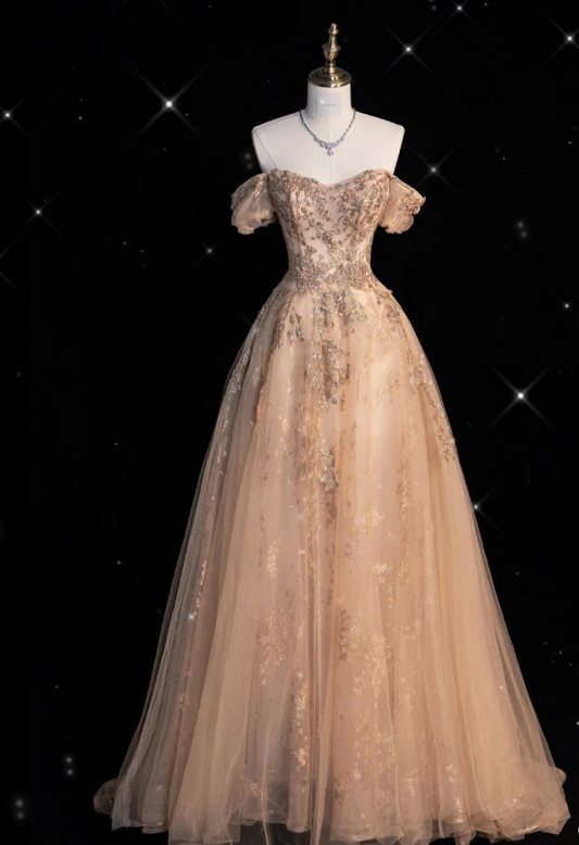 Vestidos de fiesta largos de tul sin tirantes, corte A, color champán, TP1691