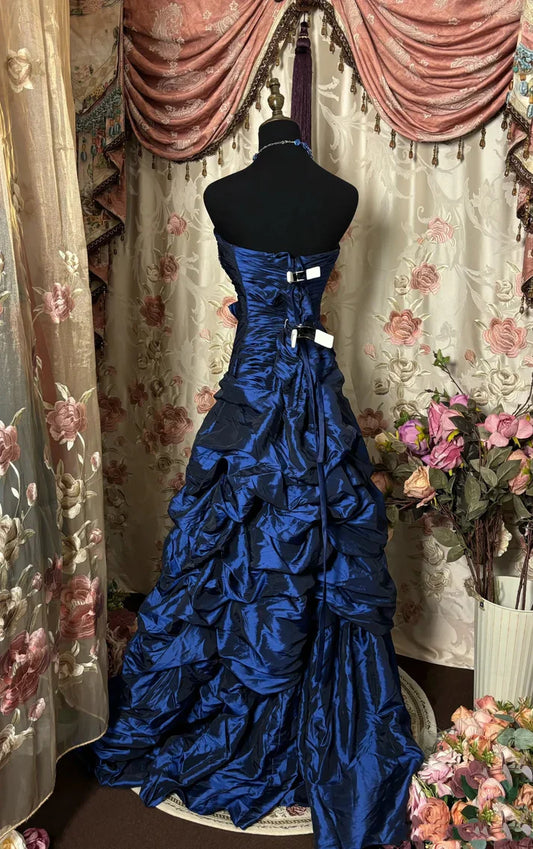 Navy A-Line Strapless Heart Shaped Neck Vintage Floor Length Prom Dresses TP1700