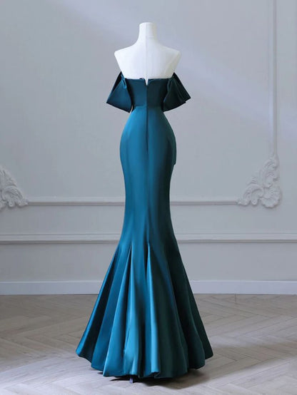 Vestidos de gala largos de satén azul sirena sin tirantes TP1702