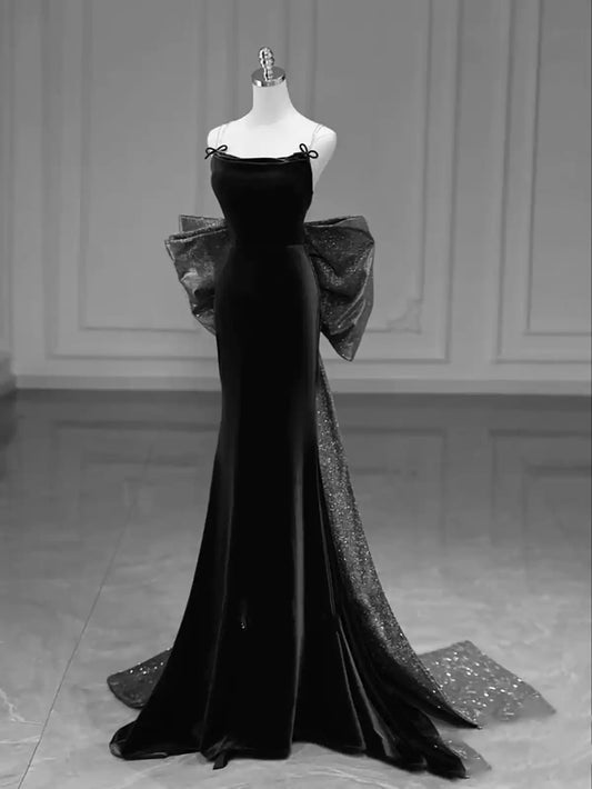 Vestido de fiesta largo de sirena de terciopelo negro con lazo y lentejuelas TP1703