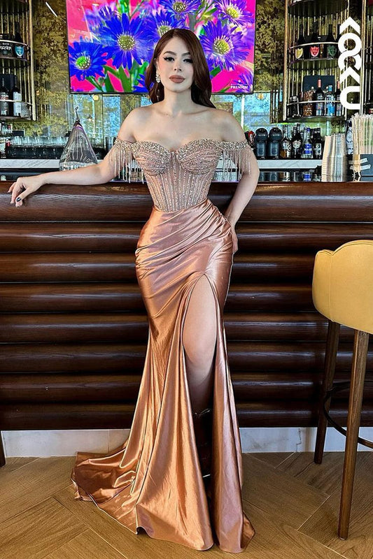 Vestido de fiesta rosa sin tirantes, sirena brillante, de satén, con abertura alta, largo hasta el suelo, TP1705