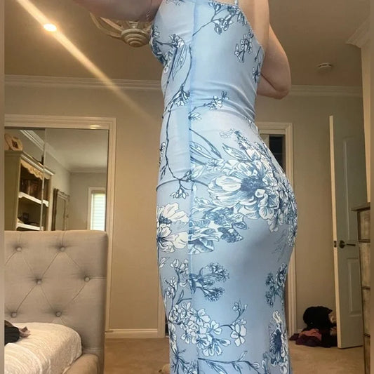 Vestido de fiesta largo con tirantes finos y estampado de sirena azul sexy TP1707