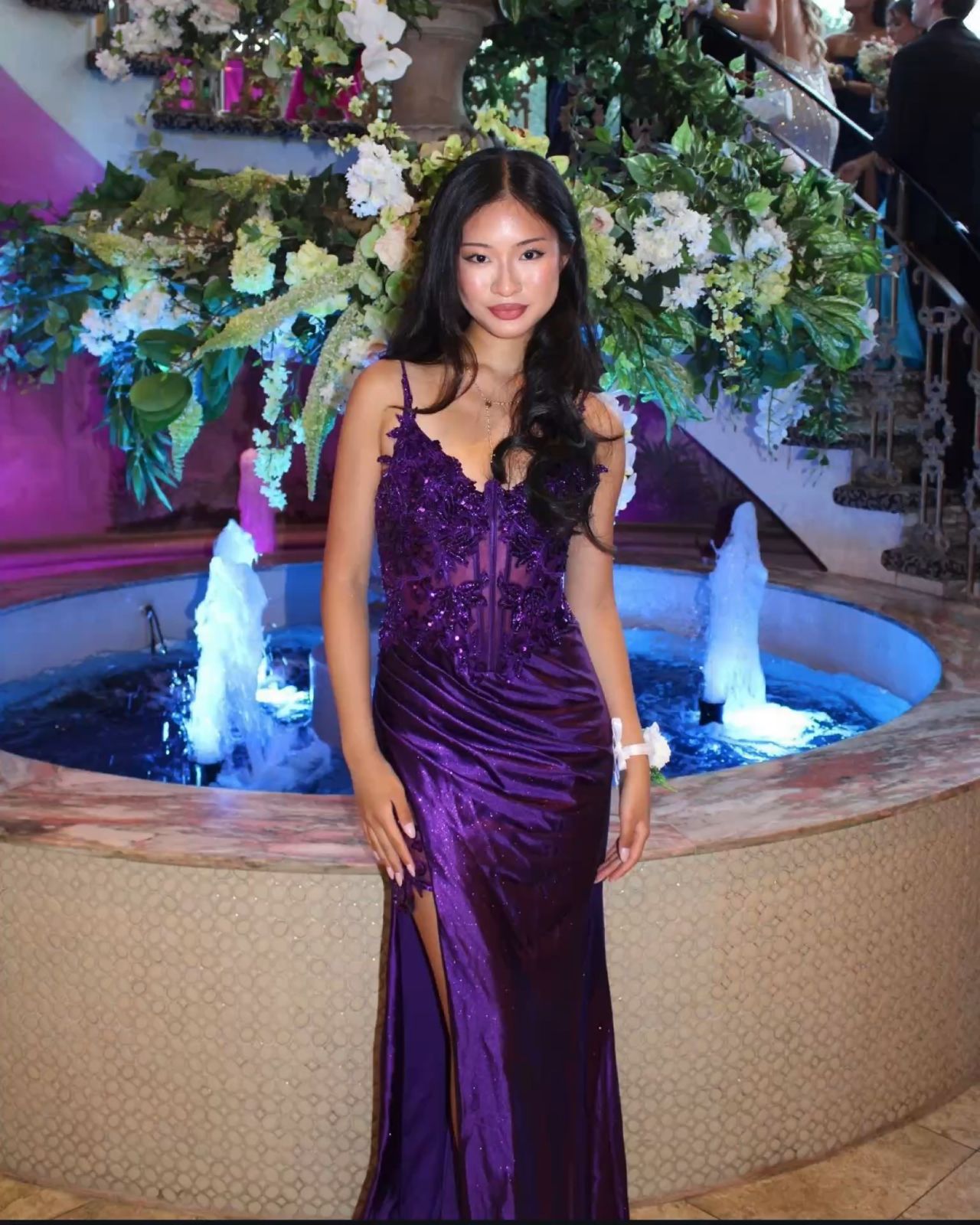 Vestido de fiesta largo de satén con tirantes finos, abertura alta y encaje morado, sexy, TP1711