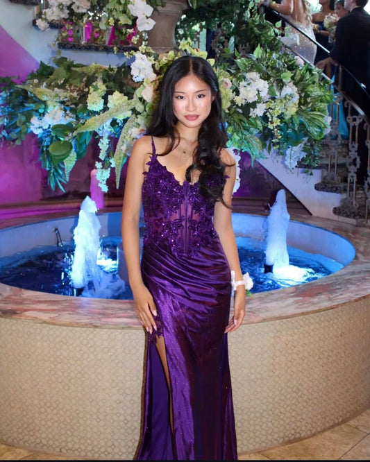 Vestido de fiesta largo de satén con tirantes finos, abertura alta y encaje morado, sexy, TP1711