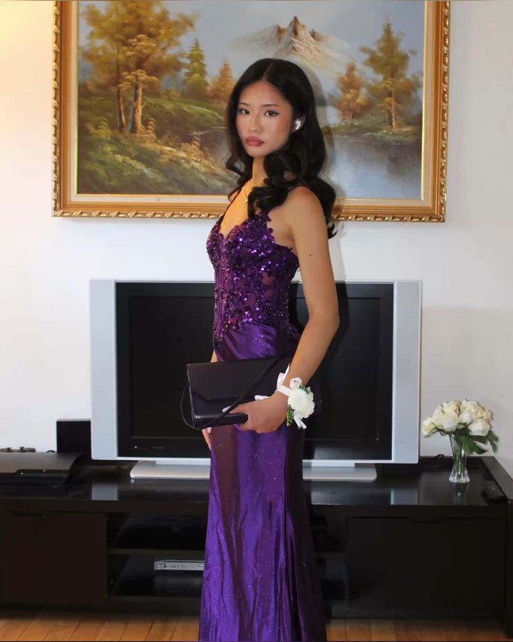 Vestido de fiesta largo de satén con tirantes finos, abertura alta y encaje morado, sexy, TP1711