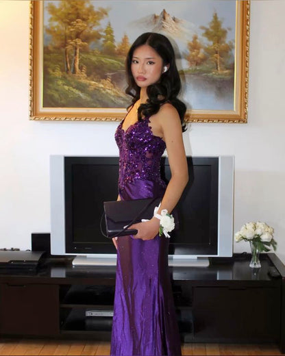 Vestido de fiesta largo de satén con tirantes finos, abertura alta y encaje morado, sexy, TP1711