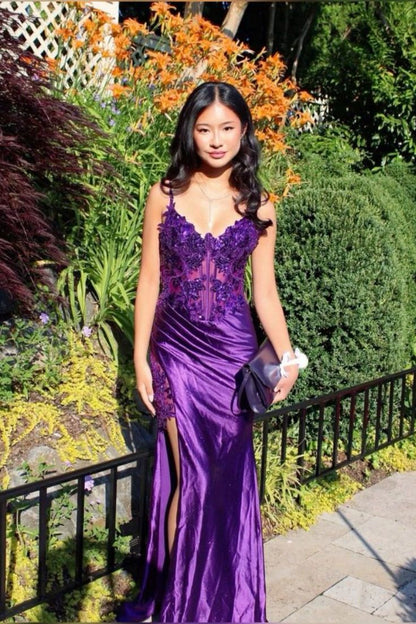 Vestido de fiesta largo de satén con tirantes finos, abertura alta y encaje morado, sexy, TP1711