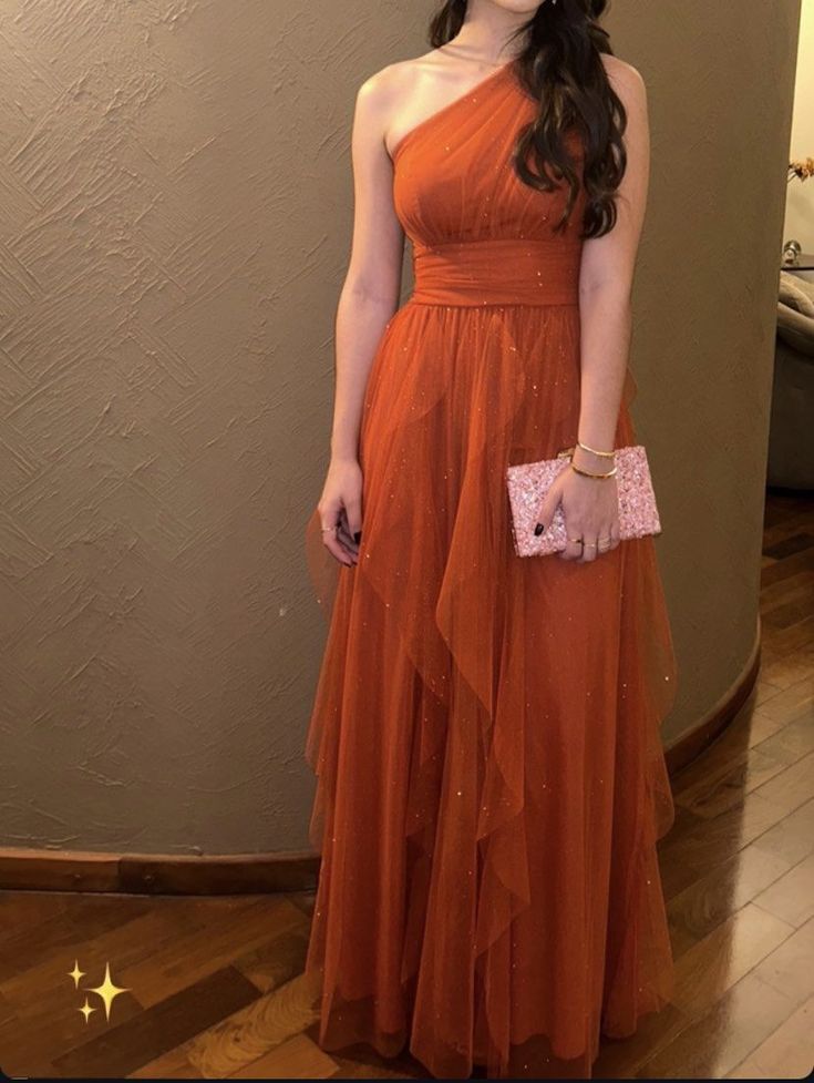 Vestido de fiesta largo de tul naranja de corte A y un solo hombro TP1717