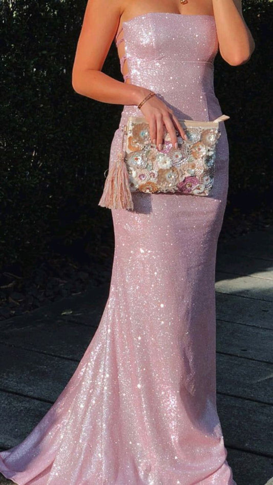 Vestido de noche largo sirena rosa brillante sin tirantes y espalda descubierta TP1718