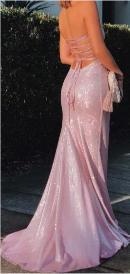 Vestido de noche largo sirena rosa brillante sin tirantes y espalda descubierta TP1718