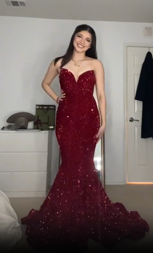 Vestido de fiesta sexy de sirena, rojo, sin tirantes, con lentejuelas y largo hasta el suelo, TP1721