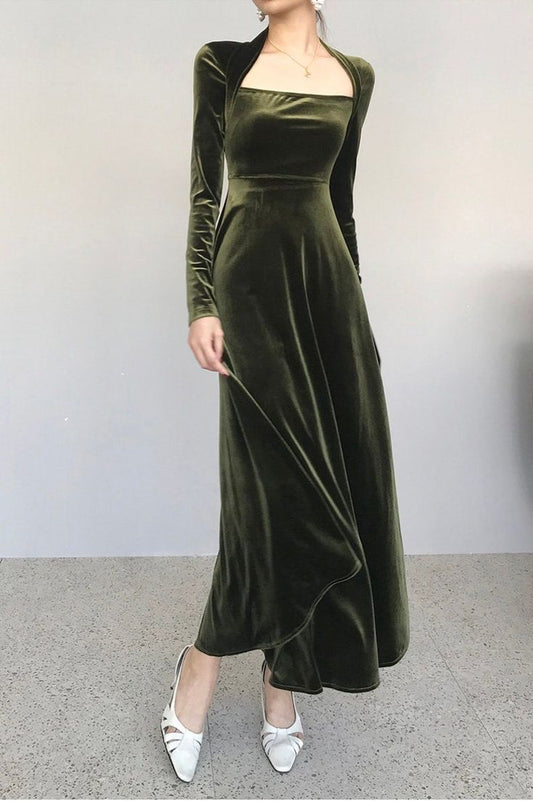 Green Long Sleeve Elegant Velvet A-Line Long Prom Dresses TP1729