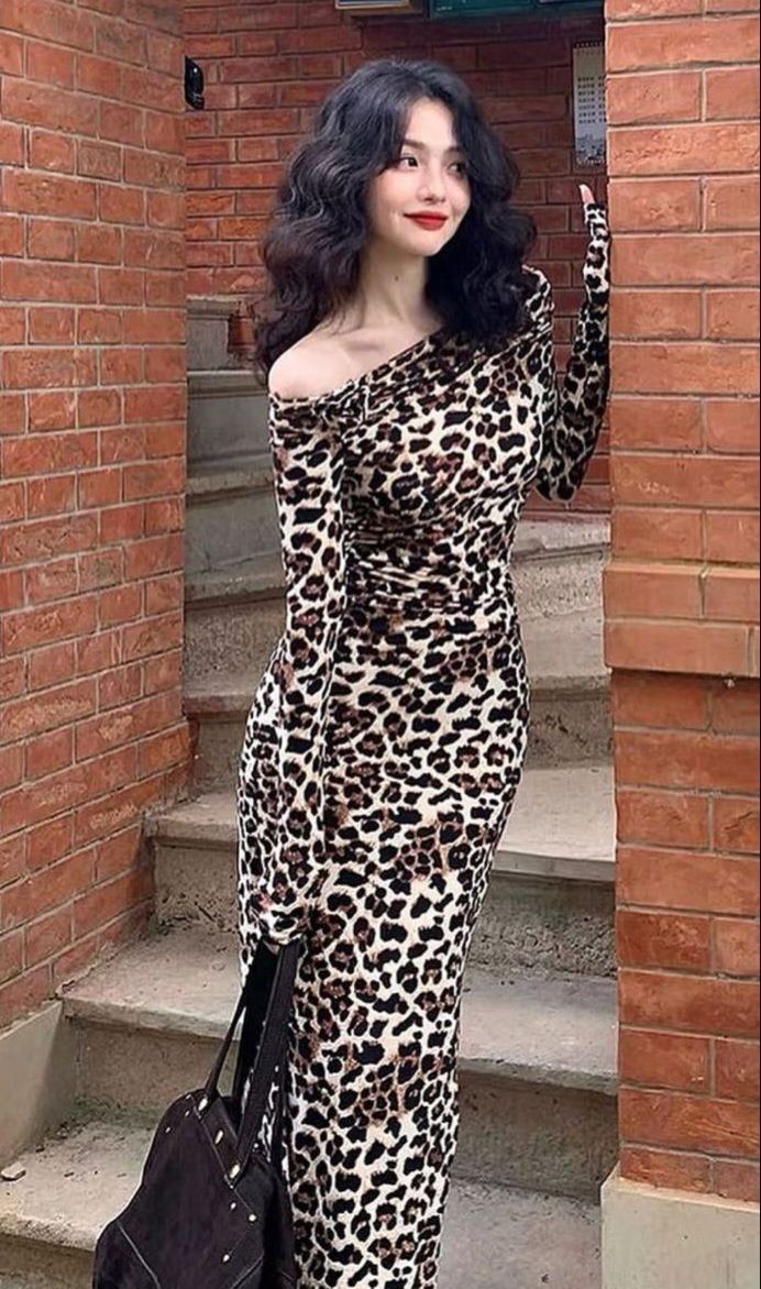 Vestido de fiesta sexy de sirena con estampado de leopardo, sin tirantes y manga larga, TP1730