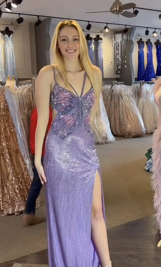 Purple Mermaid High Split Spaghetti Strap Bow Sequin Long Prom Dresses TP1731