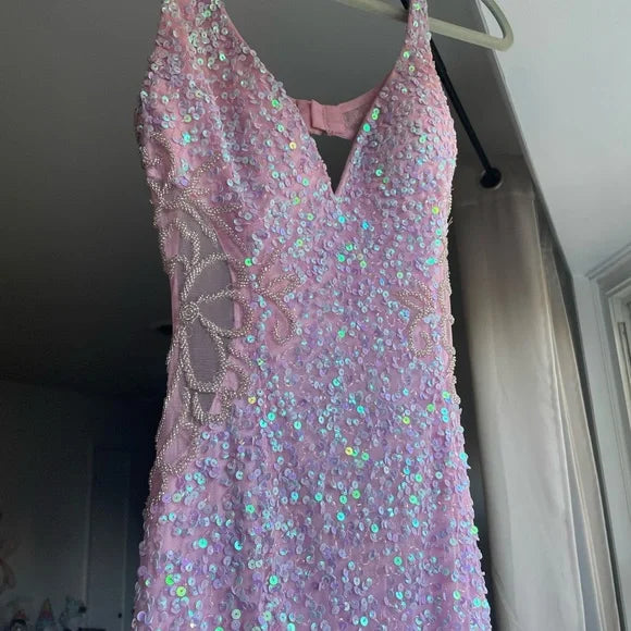 Vestido de fiesta largo rosa con escote en V, lentejuelas y abertura TP1732