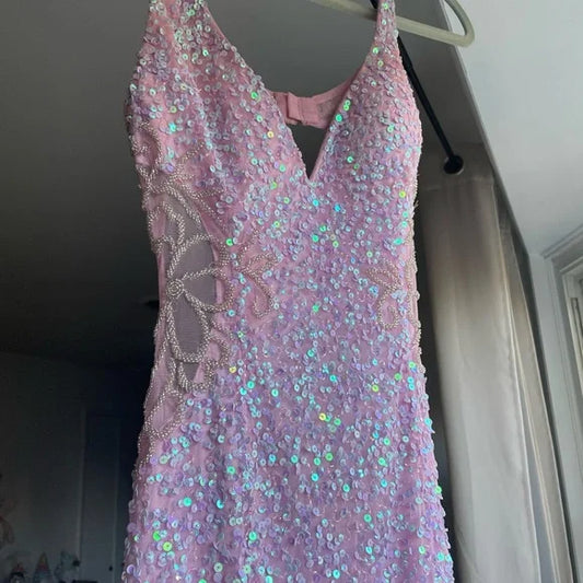 Vestido de fiesta largo rosa con escote en V, lentejuelas y abertura TP1732