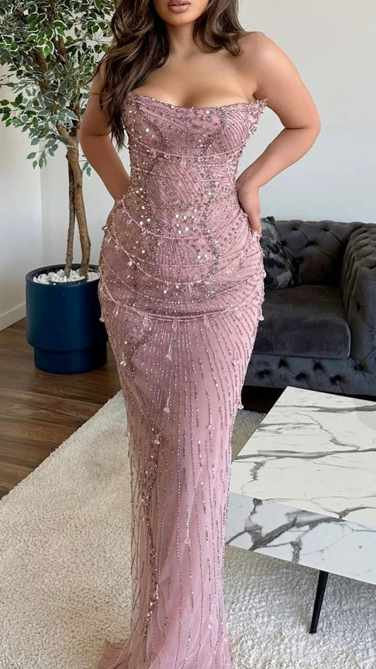 Vestido de fiesta largo de tul con lentejuelas, sexy, color rosa, sin tirantes, estilo sirena, TP1741
