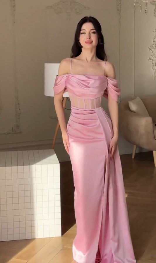 Vestido de fiesta largo de satén con abertura alta y hombros descubiertos, corte sirena, color rosa, sencillo, TP1744