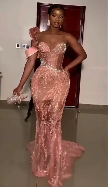 Charming Pink One Shoulder Mermaid Glitter Sequin Long Ball Gown TP1754