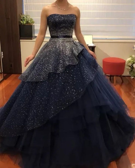 Vestido de noche azul marino de tul con lentejuelas plateadas y cuentas, sin tirantes, TP1763