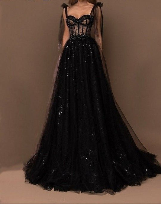 Vestido de noche negro de fiesta con escote en forma de A, tirantes finos, tul y lentejuelas, TP1768