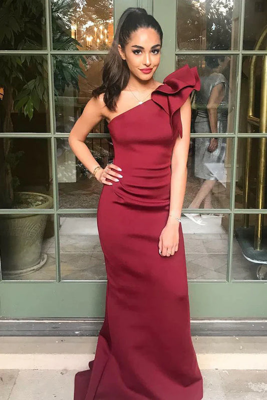 Elegante vestido de fiesta de satén estilo sirena color burdeos con un solo hombro TP1770