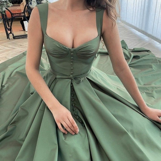 Elegante vestido de noche largo de satén con tirantes en forma de A, color verde, TP1771