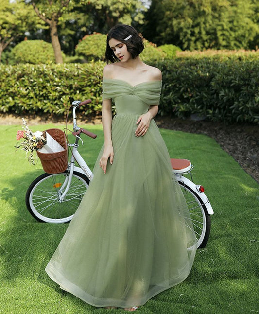 Vestido de fiesta largo de tul verde sencillo con corte en A, vestidos de dama de honor formales verdes TP1778