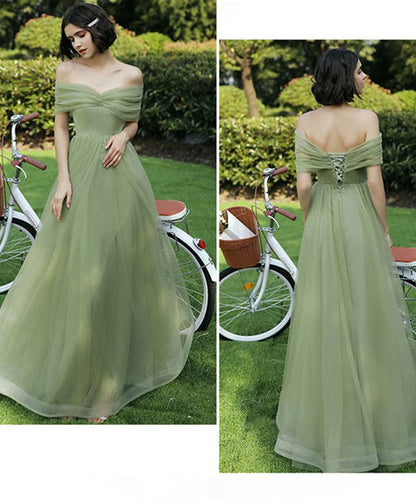Vestido de fiesta largo de tul verde sencillo con corte en A, vestidos de dama de honor formales verdes TP1778