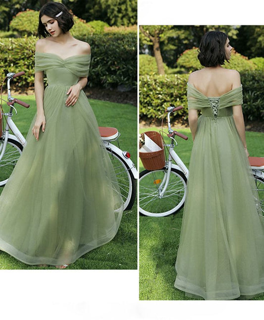 Vestido de fiesta largo de tul verde sencillo con corte en A, vestidos de dama de honor formales verdes TP1778