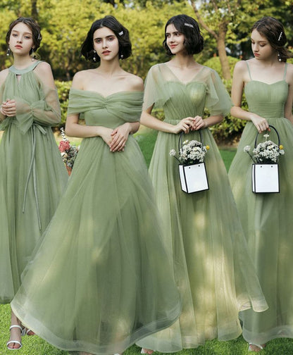 Vestido de fiesta largo de tul verde sencillo con corte en A, vestidos de dama de honor formales verdes TP1778