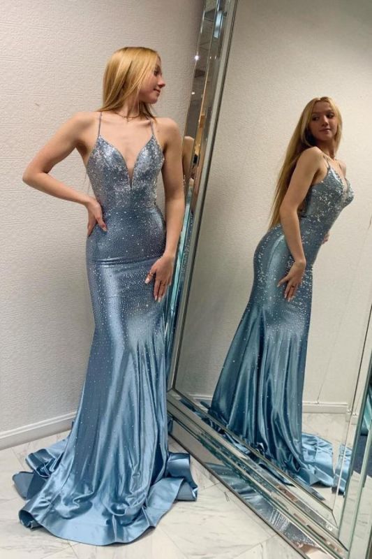 Vestido de noche largo de sirena con escote en V, lentejuelas y encaje de satén azul TP1779