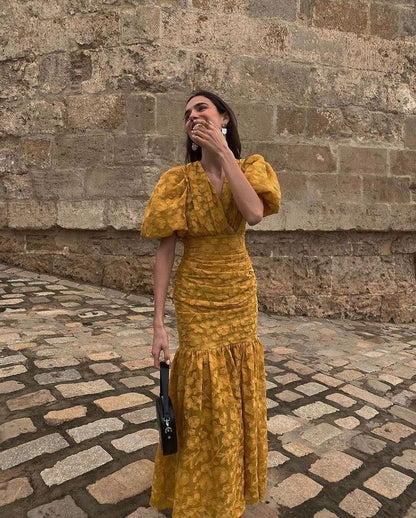 Vestido de noche de sirena con escote en V, encaje y mangas cortas, color amarillo, TP1782