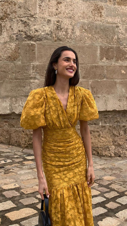 Vestido de noche de sirena con escote en V, encaje y mangas cortas, color amarillo, TP1782