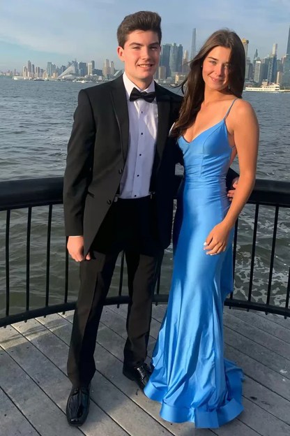 Vestido de noche elegante de sirena azul sin espalda TP1783
