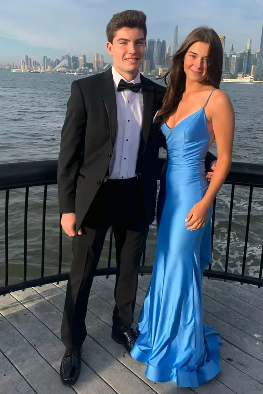 Vestido de noche elegante de sirena azul sin espalda TP1783