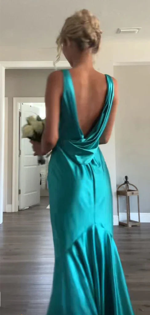 Vestido de fiesta largo de satén estilo sirena, sin mangas, con escote en V, color azul lago, TP1784
