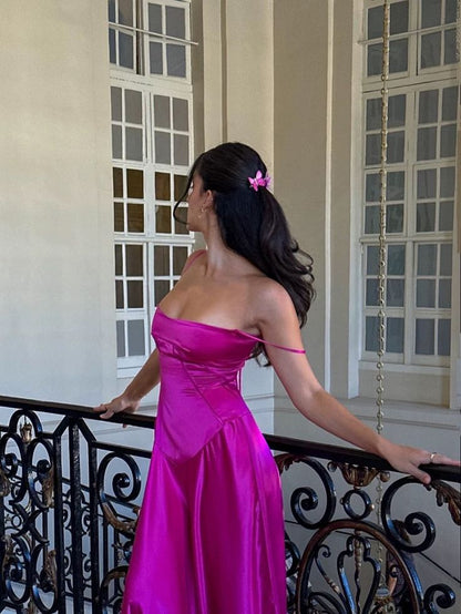 Vestido de fiesta largo de satén con tirantes finos, sexy, color rosa, TP1785