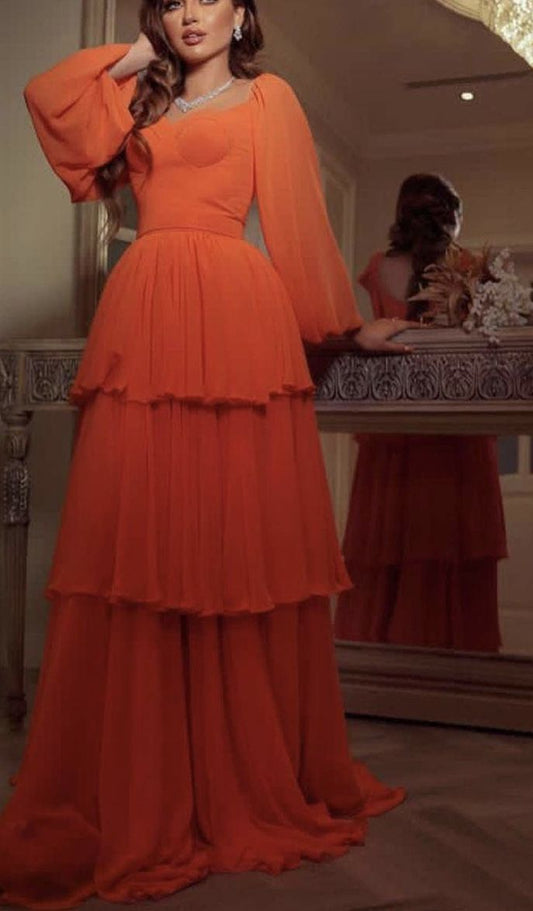 Vestido de noche largo de tul en capas, corte A, manga larga, color naranja, TP1788