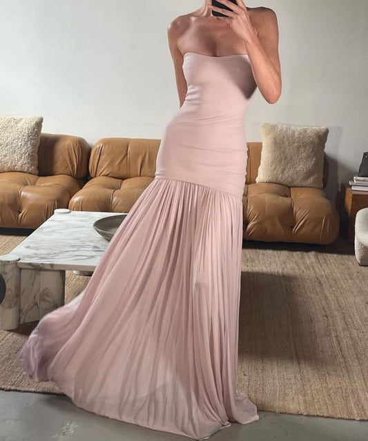 Vestido de fiesta largo rosa con hombros descubiertos y corte A TP1791