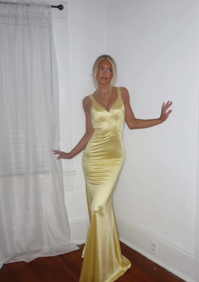 Vestido de noche largo de seda con escote en V profundo y tirantes finos, corte sirena amarillo, TP1792