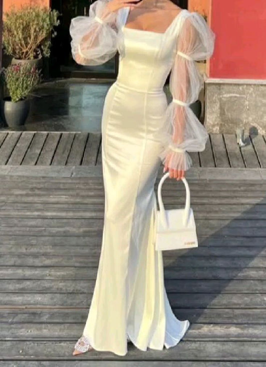 Vestido de noche largo de satén con mangas largas y corte sirena color marfil TP1801