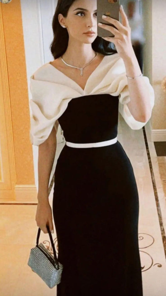 Elegante vestido de noche formal negro con escote en V y manga corta TP1804